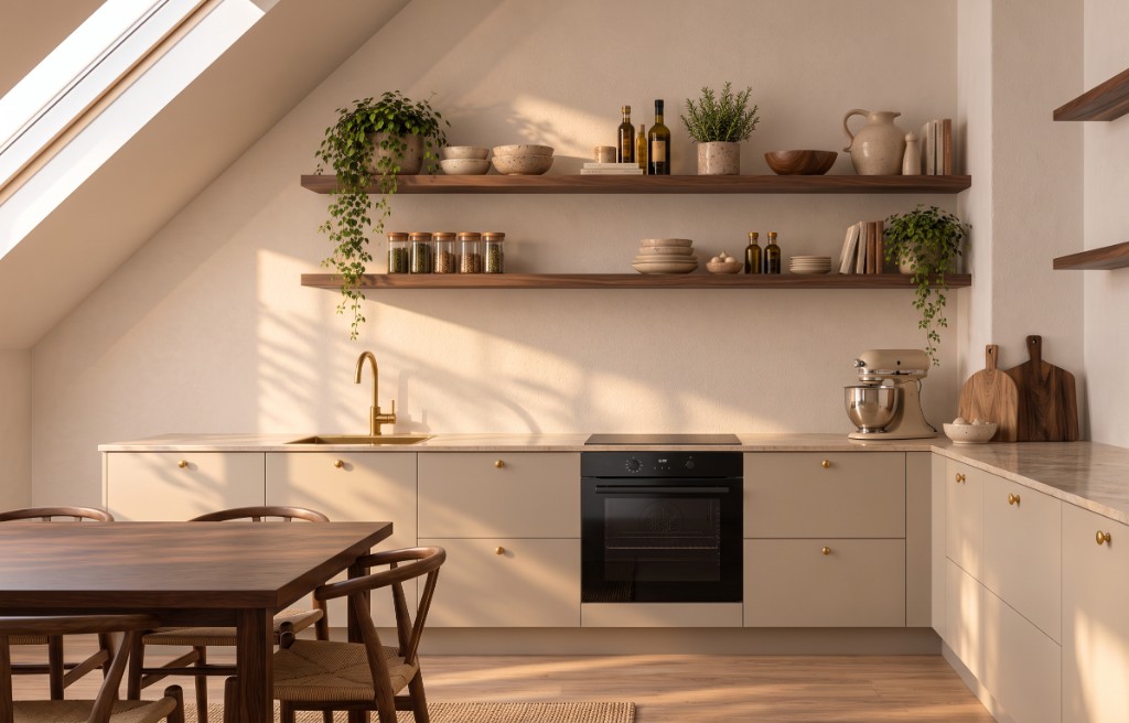 Køkken i Hummus under skråt loft med ovenlys, messingarmatur og spisebord